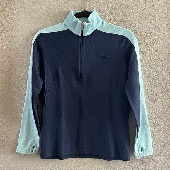 Icebreaker Merino Wool 320 blue color block 1/4 zip turtleneck sweater Sz small
